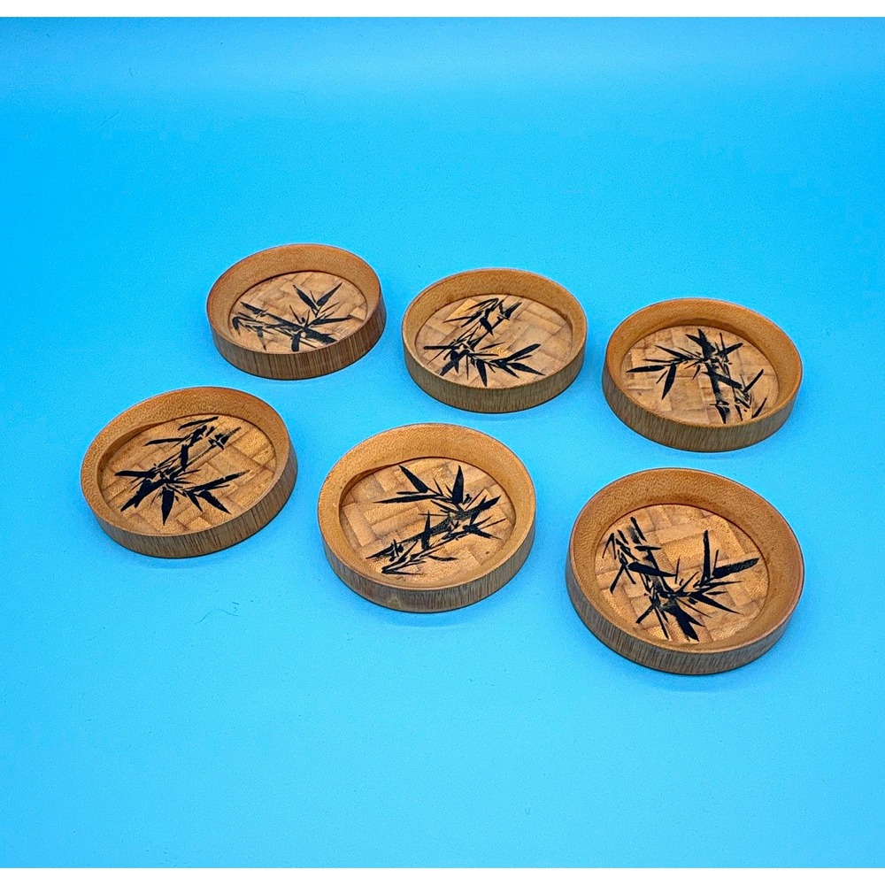 Vintage 1950s/1960s Japanese Woven Bamboo Coasters - Set of 6 (Hand-Painted)